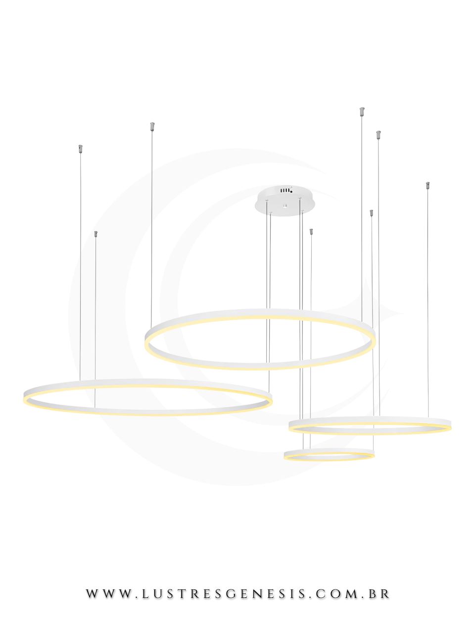 Lustre pendente 4 Rings Alianças brancas com design moderno e industrial, ideal para sala de jantar ou estar. Lustres Gênesis Site online venda de Lustres e Iluminação
